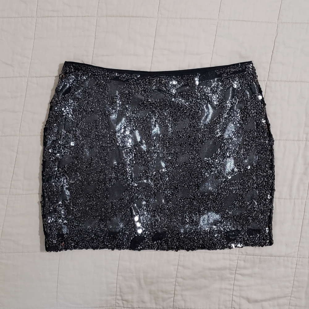 Express Sequin Mini Skirt Black Small Bodycon Metallic Embellished Sparkle Bling